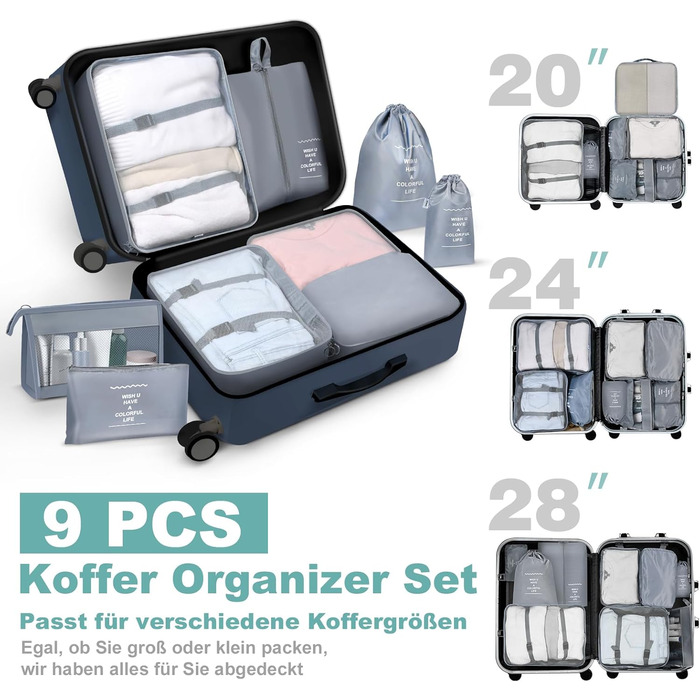 Органайзер для валізи OBSGUMU, набір 9 шт: кубики для пакування, сумки для подорожей, косметичка (сірий)