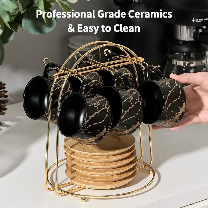 Набір кавових чашок з блюдцями LUKA, 6 шт., 118 мл, порцеляна, для еспресо, лате, кави, мокко, чаю, смугастий дизайн, білий та чорний колір