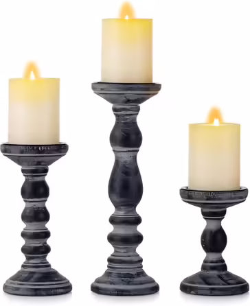 Rustic Wooden Candle Holder Pillar - 3 Piece Wooden Candle Holder Set Pillar Candle Holder Set Distressed White Tealight Holder for Wedding Centerpieces Farmhouse Home Room Decoration (Distressed Black)