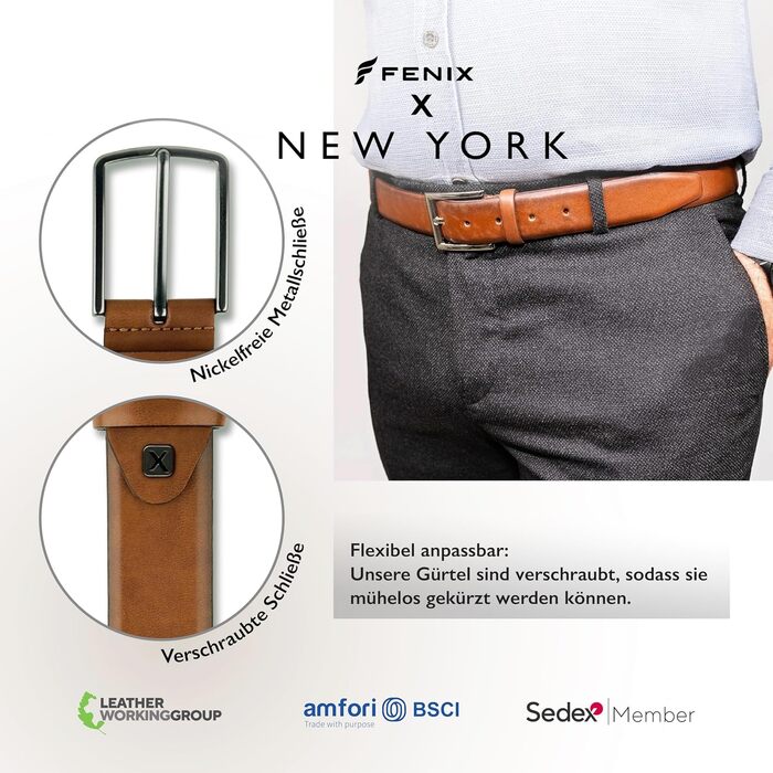 Чоловічий шкіряний ремінь FENIX NEW YORK, 80-125 см, ширина 35 мм, регульований, без нікелю, для костюма та джинсів, Desert Cognac 95