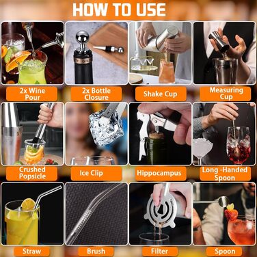 Набір для коктейлів, 18 предметів, з нержавіючої сталі: шейкер, стійка, рецепти. Професійний набір для вечірок