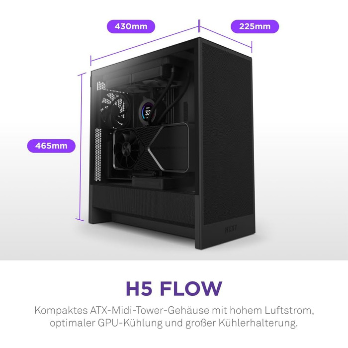 Корпус ПК NZXT H5 Flow Black - компактний ATX Mid-Tower для ігор з високою вентиляцією, 2 x 120mm вентилятори, підтримка радіаторів 360mm та 240mm, система кабельного менеджменту, скляна панель, 2024