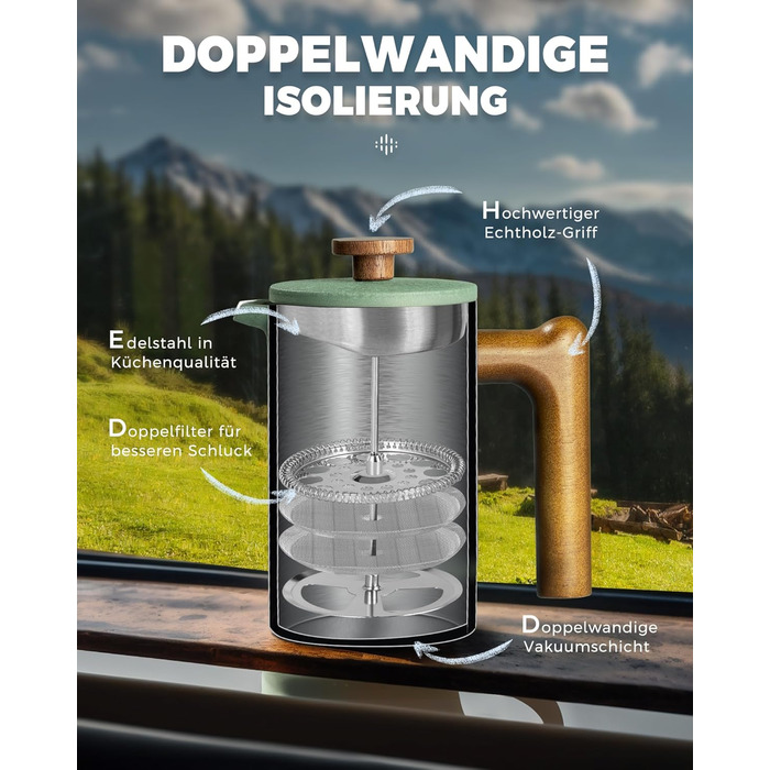 Френч-прес Poliviar 1 л / 8 чашок, з подвійними стінками, ізольований, для кави та чаю, з дерев'яною ручкою, Flatland (зелений)