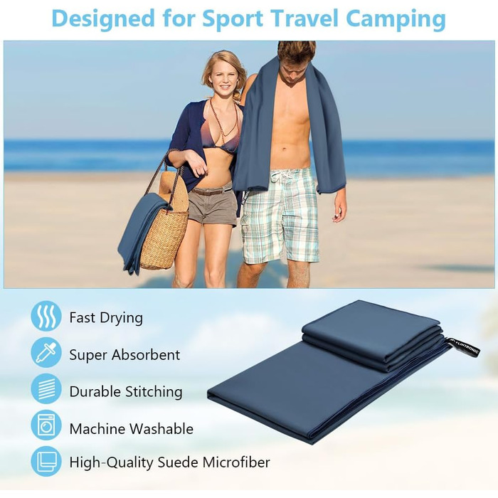 Рушник мікрофібра Flintronic, 200x100 см, великий пляжний рушник, швидковисихаючий, для спорту, подорожей, пляжу, сауни (Темно-синій, (180*90 см)*1 + (80*40 см)*2)