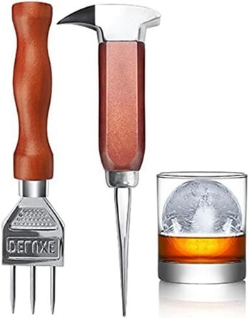 Ice Pick Set with Wooden Handle - Perfect for Bars and Bartenders - Ice Crusher and Tongs Kit - Best Carving Tool for Cocktails and Drinks