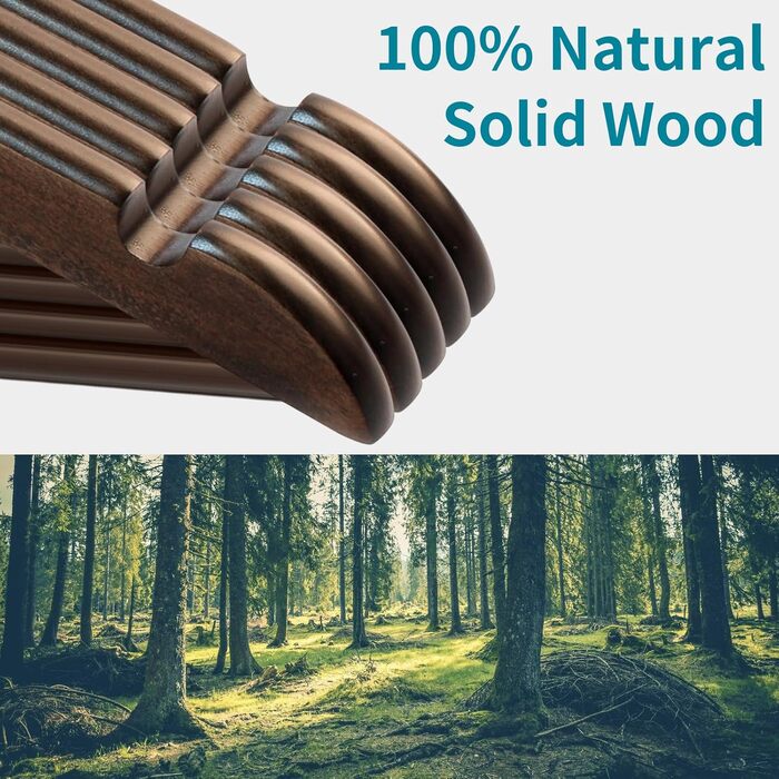 ABHENG Clothes Hangers, Wood, 20 Pieces, Wooden Hangers with Non-Slip Trouser Bar and 360° Swivel Hook, Shoulder Notches, Made from Natural Wood, Dark Walnut Color, AWY0320H
