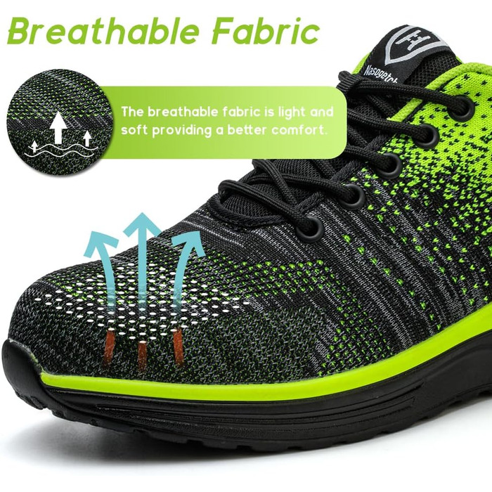 Легкі робочі черевики для чоловіків та жінок. Безпечні, неслизькі, спортивного стилю, зі сталевим підноском. Дихаючі, робочі черевики (42 EU, Зелений)