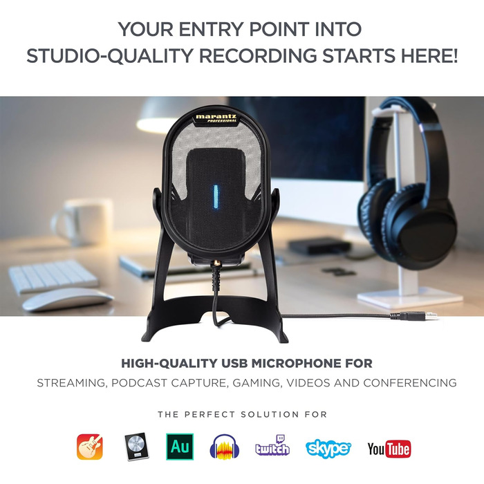Мікрофон конденсаторний Marantz Professional MPM-1000U з великою мембраною, USB, з нирковою характеристикою для подкастів, студії, геймінгу, з кабелем USB та кліпсою для мікрофона
