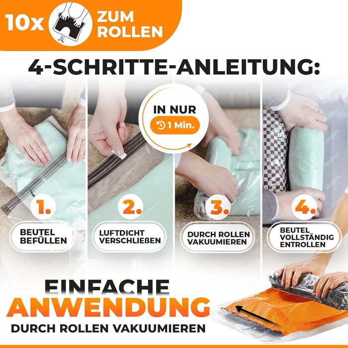 PACKDUDE® Vacuum Bags for Clothing - Small & Large I 18 PIECES I 8 x Vacuum Bags for Vacuum Cleaner & 10 x Roll-Up Vacuum Bags (without valve) I Vacuum Bags for Clothing