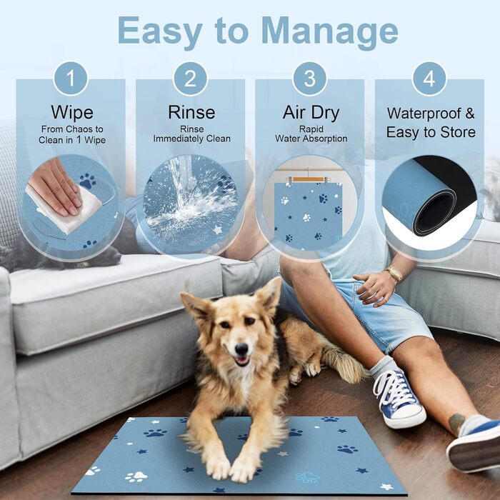 Килимок під миску для собак BLESWIN 30x50 см, синій, антиковзкий, для цуценят, що бризкають
