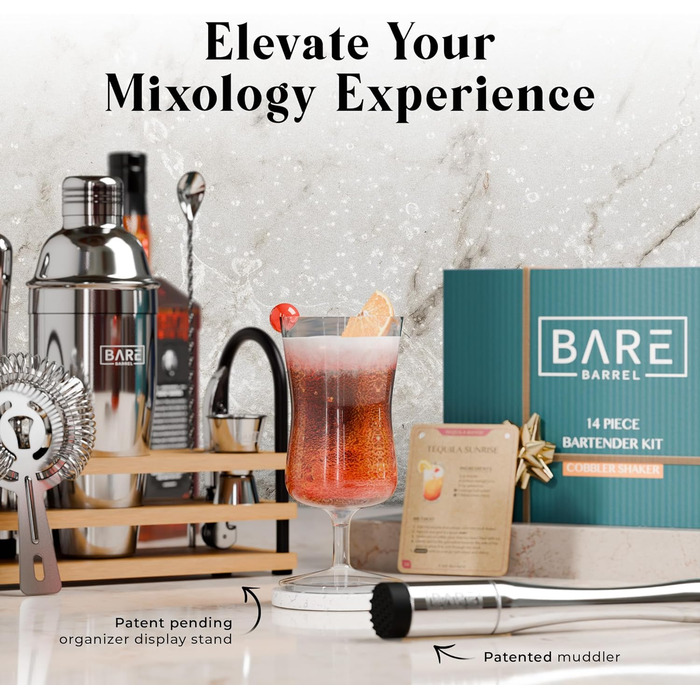 Bare Barrel Mixology Bartender Set - 14 Piece Cocktail Shaker Set with Recipes - Home Bar Accessories & Gift Set