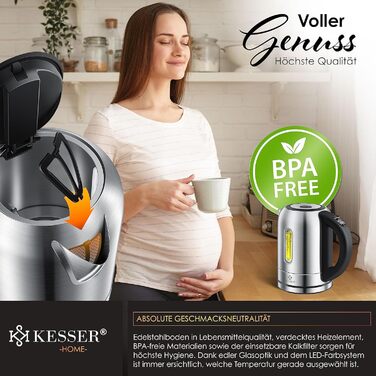KESSER Stainless Steel Electric Kettle - 1.7L with LED Temperature Display (60-100°C) | Tea Filter, Scale Filter, BPA-Free, 2-Hour Keep Warm