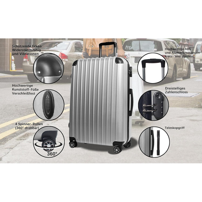 Hippo Carry-on Luggage Suitcase Travel Suitcase with Wheels Trolley Carry-on Trolley Rolling Suitcase Security Lock Airline-compatible Carry-on 4 Wheels ( :37 * 23 * 57c) (Set, Silver)