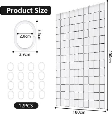 Штора для душу та ванни від цвілі, 180 x 200 см, 12 гачків, водонепроникна, швидковисихаюча, антибактеріальна, пральна, для спальні, сім'ї, готелю – Біла