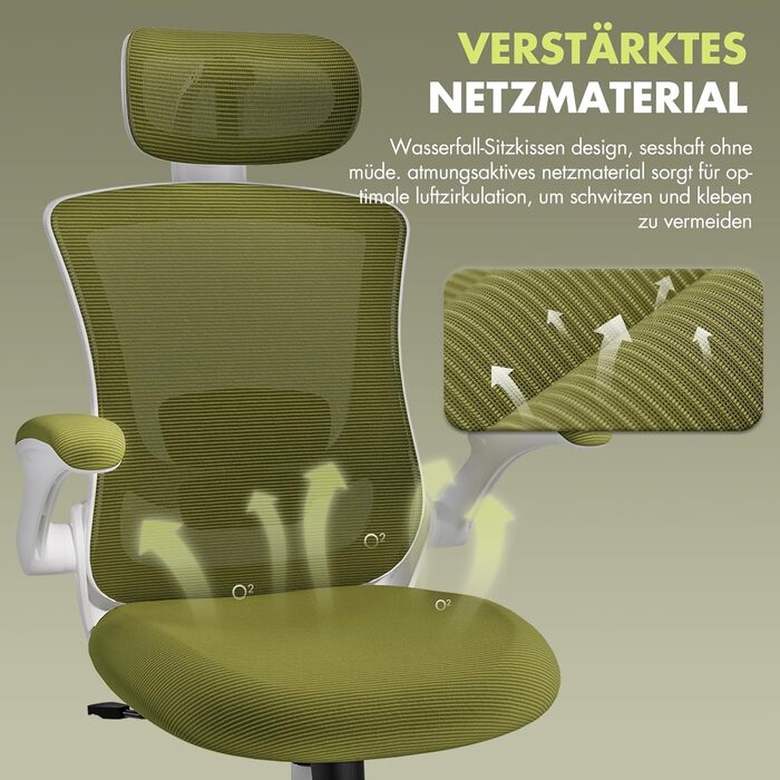 Коламі - ергономічне крісло для офісу з сітчастою спинкою, регульованою підголівником та поперековою підтримкою, відкидними підлокітниками, функцією гойдання та фіксації, регульоване по висоті, зелений, універсальний розмір