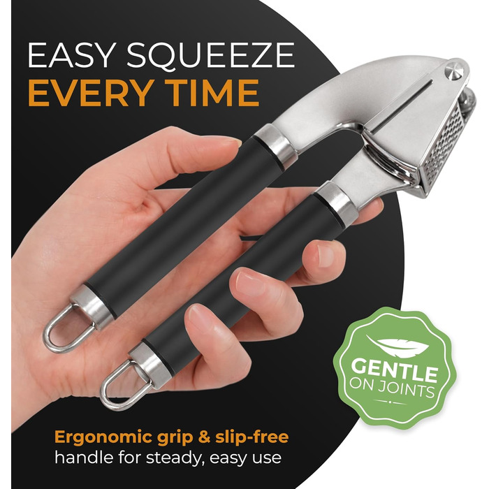 ORBLUE Прес для часнику з нержавіючої сталі – преміум-якісний подрібнювач, набір для чищення та подрібнення часнику, легко миється, безпечний для мийки, чорний