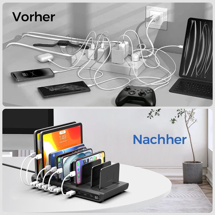 Зарядний пристрій Alxum 60W USB багатопортовий на 10 портів (8 USB-C + 2 USB-A) для телефонів, планшетів, Kindle – чорний