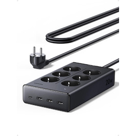 Мережевий фільтр UGREEN 10-в-1 з USB, подовжувач з 20W швидкою зарядкою USB-C, захист від перенапруги, 3680 Вт, кабель 1.5 м, для офісу та дому