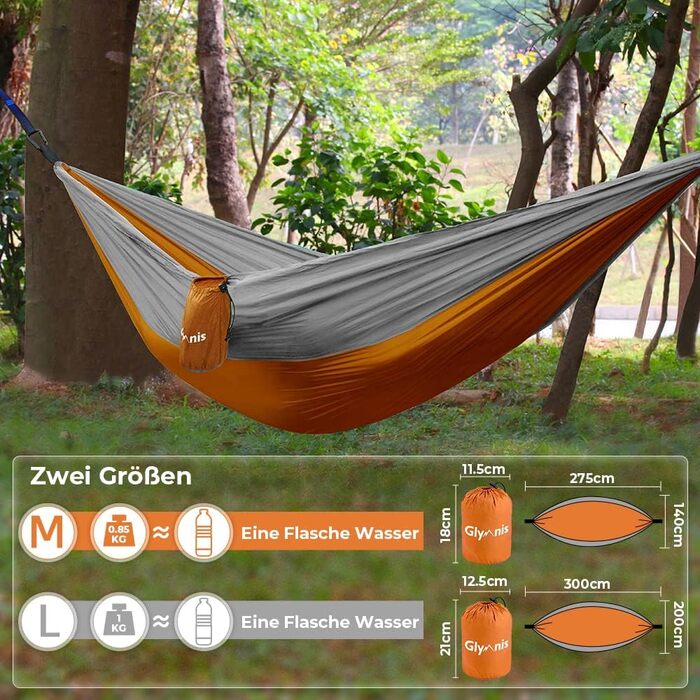 Гімніс Гамак для відпочинку на відкритому повітрі Ultraleicht, 275x140 см, з мотузками та карабінами, 300 кг, Оранжевий - Сірий