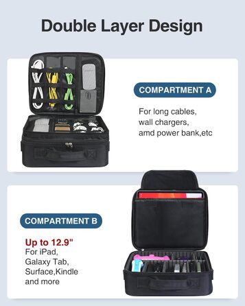 Органайзер для електроніки Luxtude: велика дорожня сумка, подвійний шар, Tech-сумка, органайзер для кабелів, для iPad (до 12,9 дюймів), чорний, XL