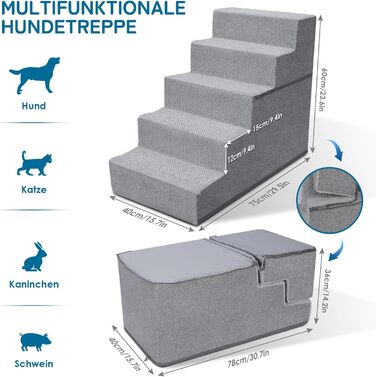 Myiosus Dog Stairs for Small Dogs, 2 Steps Pet Stairs, Waterproof Dog Steps made of Sponge, Non-Slip Dog Ramp for Sofa Bed, Dog Stairs with Washable Cover, Portable Cat Stairs (Removable 5-Step Dog Stairs, Grey)