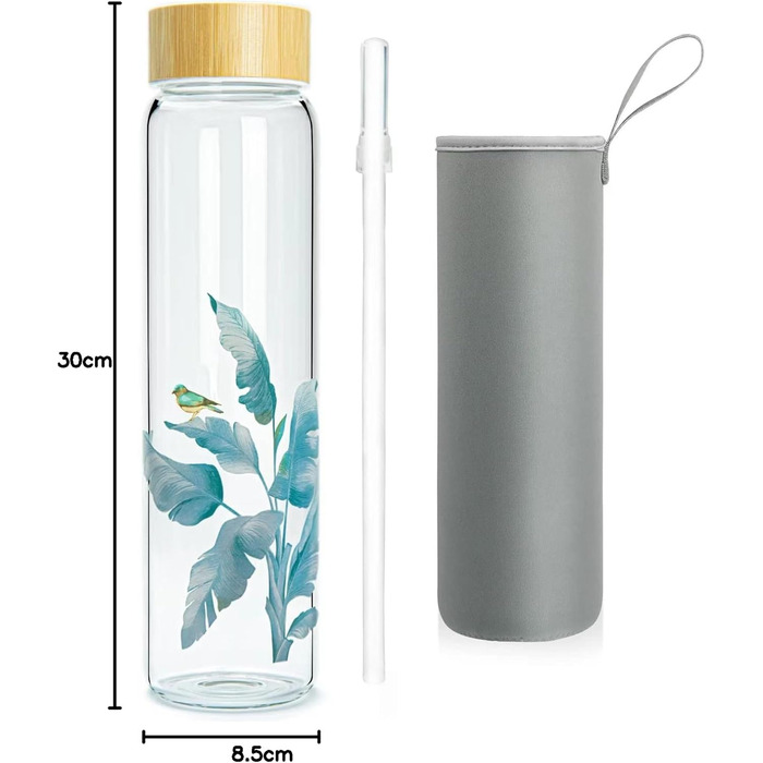Glass Drinking Bottle 1L Glass Water Bottle with Bamboo Lid 1 Liter (1000ml) (Bird 1liter)