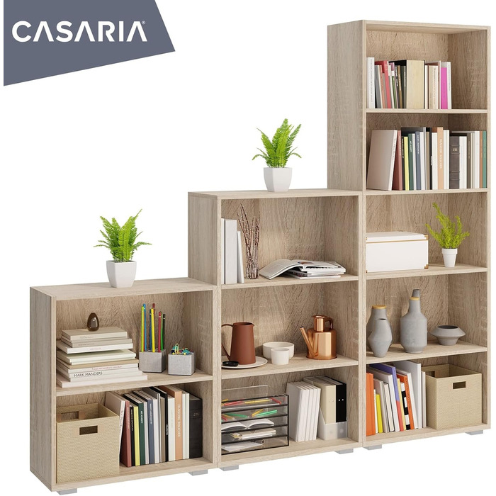 Книжкова шафа Casaria Vela 5 полиць 190x60x28 см, регульовані полиці, відкрита, дуб, для офісу та вітальні