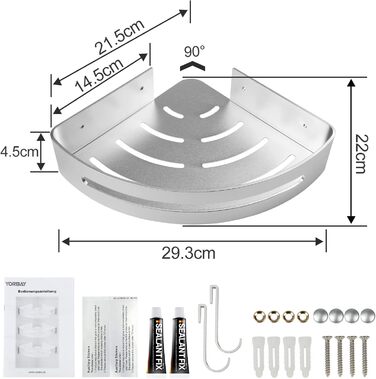 Yorbay Shower Shelf No Drilling with Mounting Material, Corner Shower Shelf No Drilling, Triangle Bathroom Shelf Made of Aluminum with Hooks, Bathroom Shelf 3-Piece Set