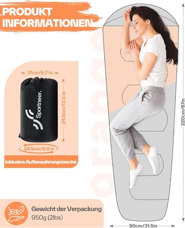 Сплячий мішок Sportneer - компактний та ультралегкий (950г/1500г) - кокон для кемпінгу, подорожей та відпочинку на природі. Підходить для чоловіків, жінок та дорослих. Односезонний/трисезонний спальний мішок (Помаранчевий, літо)