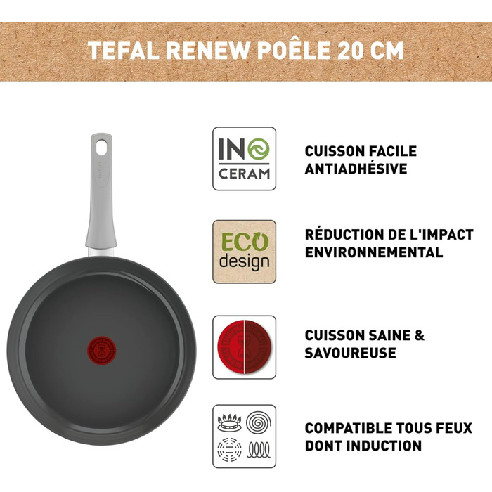 Сковорода Tefal Renew On 20 см з керамічним покриттям, сіра - для всіх плит, включаючи індукцію, екологічна