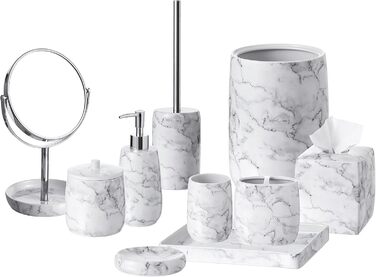 Motifeur Badaccessoires Set, 5-Piece Ceramic Bathroom Accessories Set with Lotion Dispenser/Soap Pump, Cotton Swab Holder, Soap Dish, Cup, and Toothbrush Holder (Marble Look)
