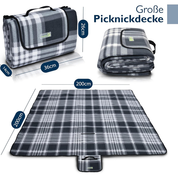 Beautissu Плед для пікніка XXL, 200x200 см, водовідштовхувальний, ізольований, сірий, для пляжу, кемпінгу, подорожей