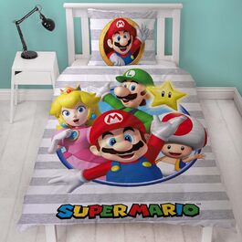 Комплект постільної білизни Kinder Super Mario для хлопчика 135x200/80x80 см, 100% бавовна, з блискавкою, з принтом Маріо, Луїджі, Піч та Стар