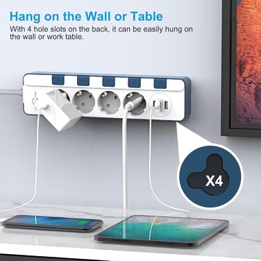 Мережевий фільтр KEPLUG з 6 розетками та 3 USB-портами (4000W, 16A), блакитний, з дитячим захистом, 2 м кабель