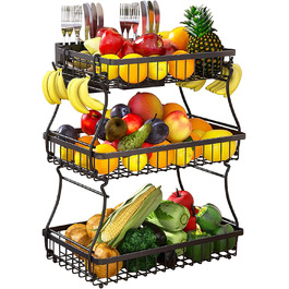 Настінна полиця для фруктів та овочів з кріпленнями, 3 яруси, чорна | Настінне зберігання для кухні