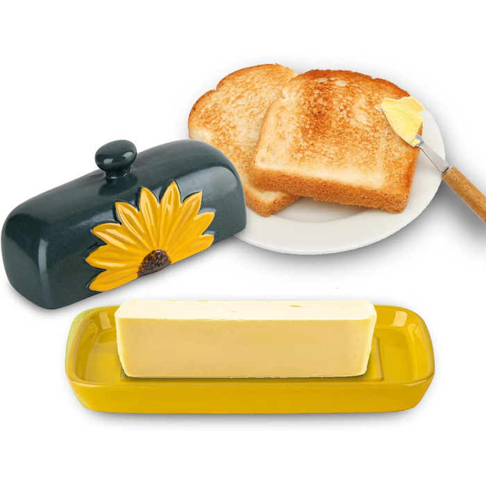 Farmhouse Ceramic Butter Dish with Lid, Large Sunflower Butter Dish