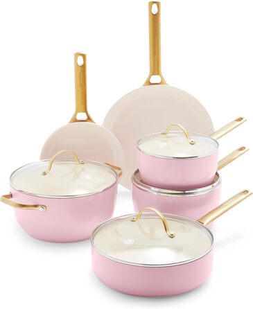GreenPan Reserve Hard Anodized Healthy Ceramic Non-Stick Cookware Set, 10 Pieces, Including Frypans, Sauté Pan, and Saucepan, Gold Handle, PFAS-Free, Induction, Oven-Safe, Rosy Red 10-Piece Cookware Set Light Pink