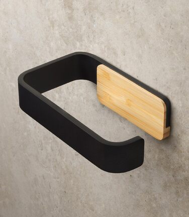 Тримач для туалетного паперу KAZAI без свердління, металевий з натурального бамбука, на клейоній основі, чорний