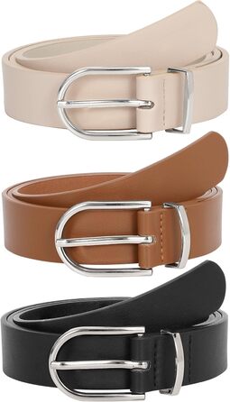 Жіночий шкіряний ремінь JasGood для джинсів, штанів, суконь з золотою пряжкою, чорний+коричневий+бежевий (срібна пряжка), розмір регулюється 66-82 см