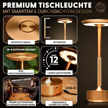 Настільна світлодіодна лампа ELYSIA з акумулятором, диммер, бездротова, сенсорна, IP54 (внутрішнє/зовнішнє), тепле світло (2200K-2700K-3200K), USB-C, алюміній, золота