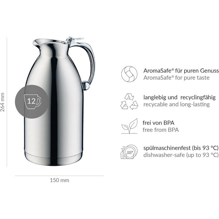 alfi THERMO 1.5L, double-walled stainless steel insulated carafe, keeps contents warm for 4 hours, cold for 6 hours, loose-fitting lid, one-handed pouring, plastic-free, dishwasher-safe, for commercial use