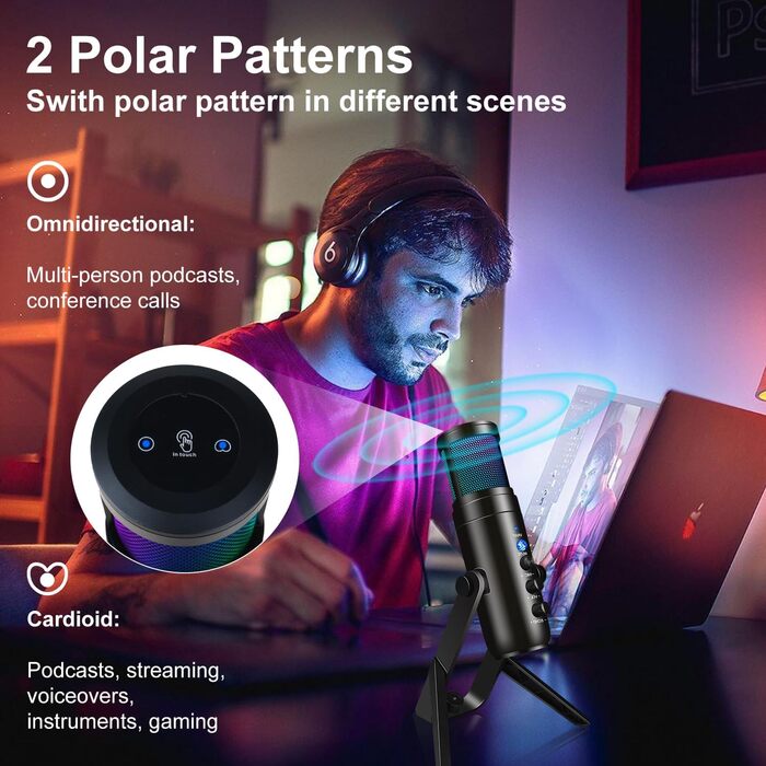 USB мікрофон для ПК, геймінгу, стрімінгу, подкастів та запису голосу. RGB-підсвітка, сумісний з телефоном, ПК, PS4, PS5 та Mac