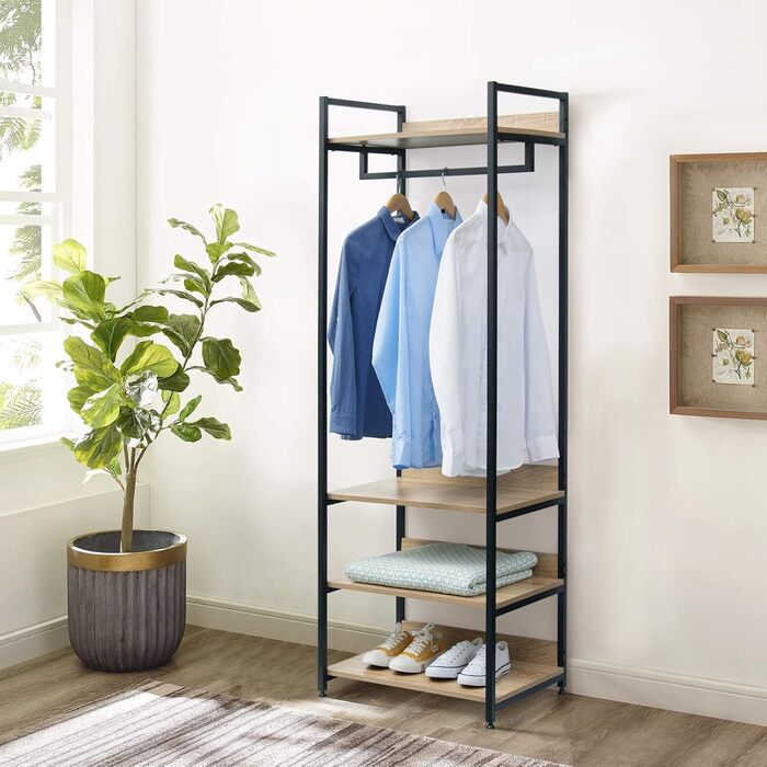 WOLTU Clothes Rack with Shelf, Open Wardrobe with Shoe Shelf, Coat Rack for Bedroom, Wood and Steel (Light Oak + Black)