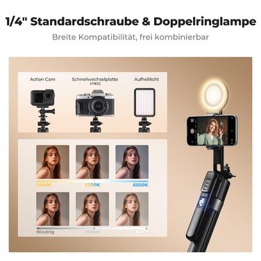 Штатив K&F Concept Smart Series з кільцевою світлодіодною лампою, 1.8 м, алюмінієвий, з функцією відстеження обличчя, сумісний з iPhone/Samsung/Android та DJI/Insta Sport Cameras