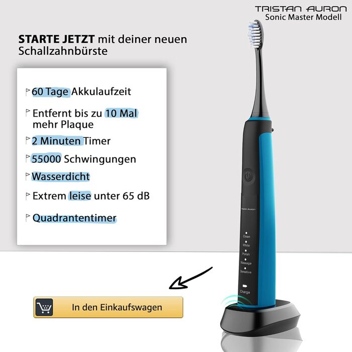 Електрична зубна щітка Tristan Auron Sonic Master (Чорний) – 55 000 VPM, 5 режимів, 60 днів роботи від акумулятора, з етиуі та 6 насадок