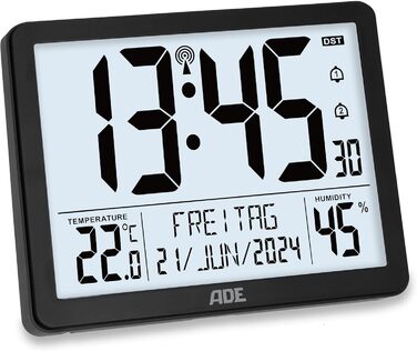 Digital XL Radio Clock with Very Large Numbers | Alarm Clock with 2 Alarm Times and Backlight | Thermometer Hygrometer | Slim Frame Made of Real Wood (Black)