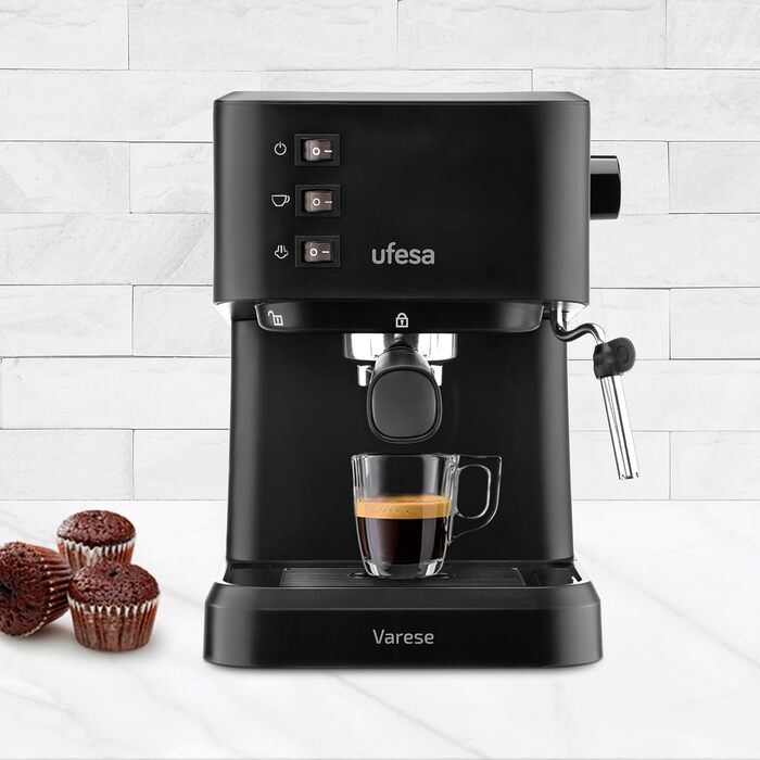 Ufesa Sienna Espresso Machine and Cappuccino Semi-Automatic Machine with Milk Frother, 20 Bar Pressure, Digital Touch Panel, 1360W, for Coffee Grounds or ESE Pads, 0.9L Water Tank, Silver (1050W | BLACK)