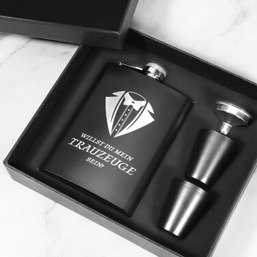 Фляга для друга нареченого з гравіюванням, 8oz, чорна, з 4 стаканчиками та воронкою, подарункова коробка, нержавіюча сталь, для весілля