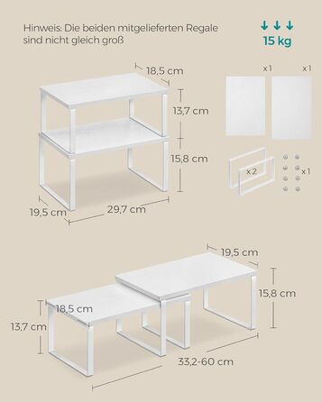 SONGMICS Spice Rack, 4-Piece Set, Kitchen Shelf, Kitchen Organizer, Expandable, Spice Holder, Stackable, with Metal Frame, 19.5 x 29.7 x 15.8 cm, Ink Black-Natural Beige KCS10NB (Cloud White + Snow White, 29.7B cm)