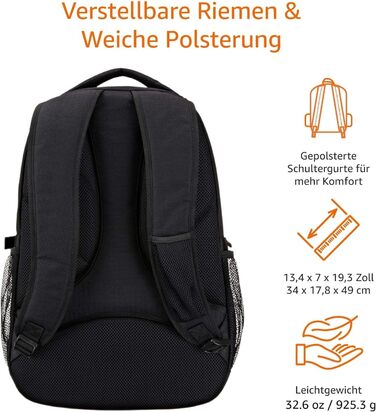 Рюкзак для ноутбука Amazon Basics, чорний, 17 дюймів, з м'якими лямками та органайзером для ручок, ключів і телефону